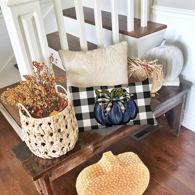 RABUSOFA Outdoor Fall Pillow Covers Waterproof 12x20 Blue Pumpkin Decor | Autumn Harvest Thanksgiving,Buffalo Plaid,Not Insert,Machine Washable,Fall Decorations for Home Sofa Patio Farmhouse
