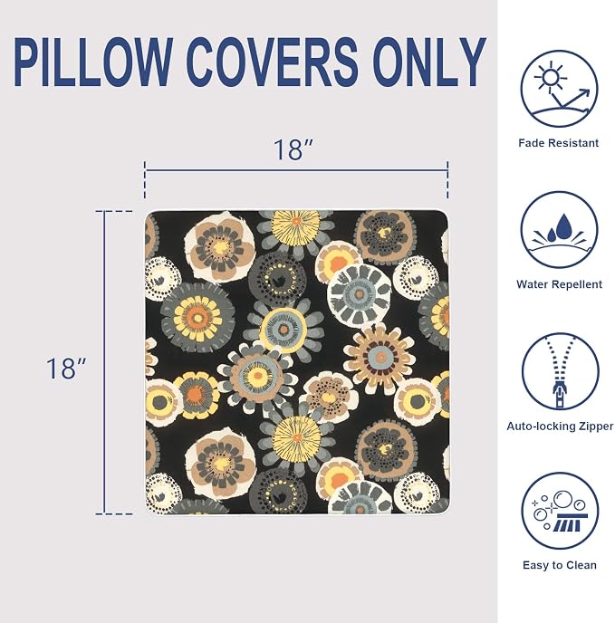 Outdoor Throw Pillow Covers Pack of 2, Decorative Water Repellent Square Pillow Cases with Piping 18x18 Inch, Black Yellow Crosby