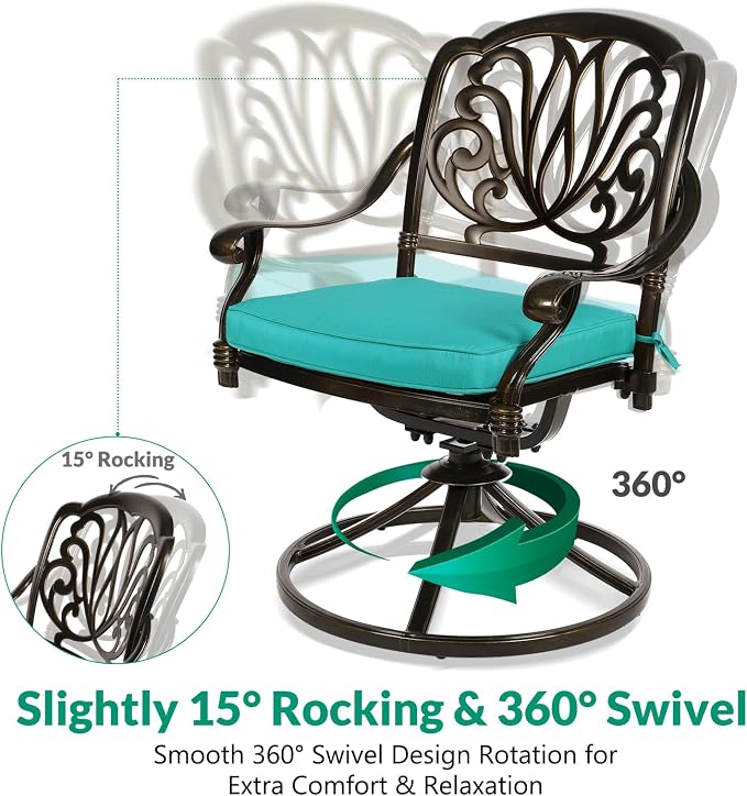 VIVIJASON 9-Piece Outdoor Furniture Dining Set, Cast Aluminum Patio Table and Chairs Set with 4 Stationary Chairs, 4 Swivel Rocker Chairs, 64" Large Square Dining Table, Umbrella Hole, Ocean Blue