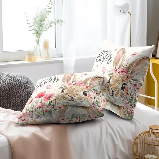 Easter Bunny Throw Pillow Covers 20x20 Inch, Pack of 2 Tulip Floral Cute Rabbit Pillowcases Square Soft Cotton Cushion Cover for Couch Sofa Bed Outdoor Indoor Holiday Home Decor