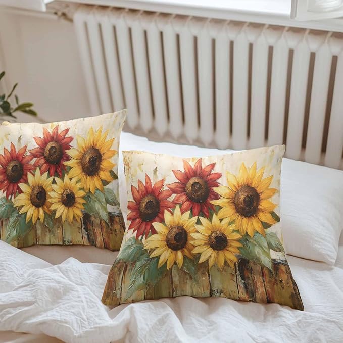Retro Farmhouse Red Yellow Sunflower Outdoor Pillow Covers 18x18in Pack of 2 Waterproof Pillowcase Vintage Rustic Wood Floral Decorative Throw Cushion Case for Patio Couch Sofa