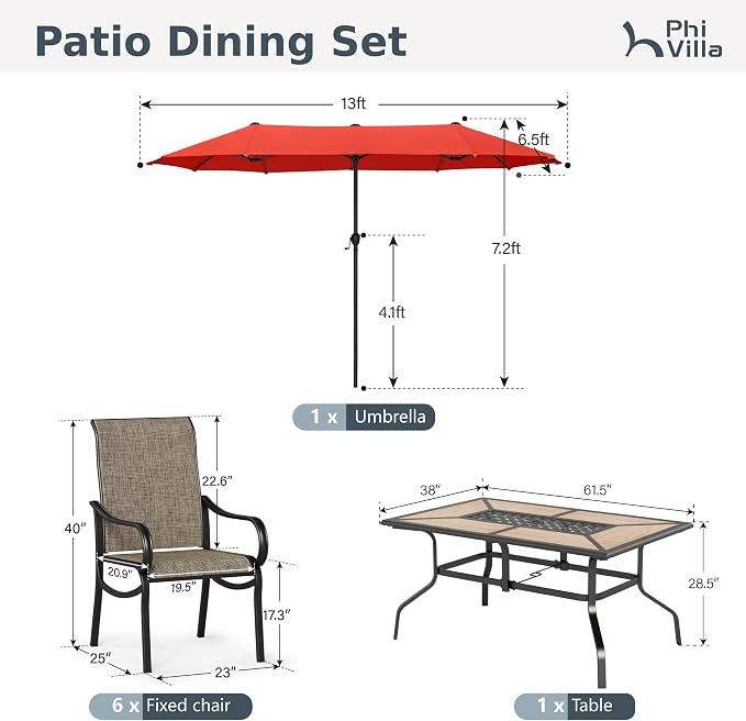 PHI VILLA 8 Pcs Outdoor Dining Set with 13ft Umbrella, Mesh Dining Chairs | 60'' wood-look rectangular table, 6 patio textilene chairs and 13ft orange red umbrella(NO BASE) for deck, garden, backyard