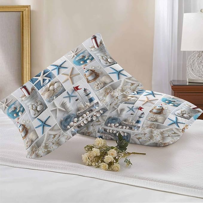 Summer Coastal Grid Outdoor Throw Pillow Cover Ocean Starfish Lighthouse Pearl Waterproof Cushion Covers 2 Pack Nautical Pillow Cases Home Decoration for Patio Garden Couch Sofa 20x12In
