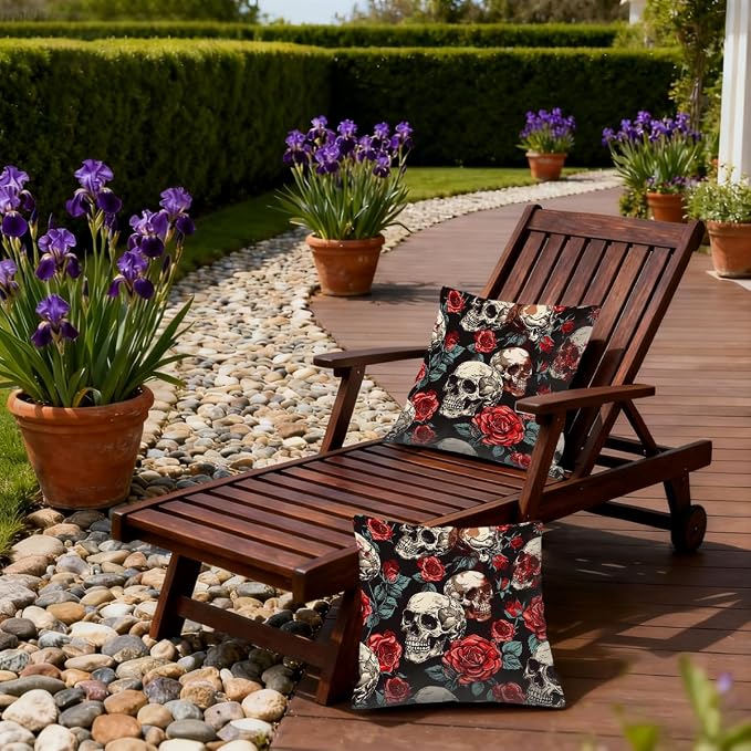 18x18 Inch Outdoor Pillow Covers Set of 2 Waterproof Throw Pillow Covers Decorative Couch Cushion Covers Floral Rose Skull Square Pillowcases Protectors for Patio Garden Sofa