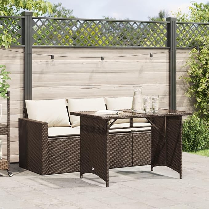 2 Piece Patio Dining Set with Cushions Brown Poly Rattan Outdoor Table and 3-Seater Sofa Set for Garden Backyard Patio, Tempered Glass Powder-Coated Steel Frame, Removable Washable Cushion Covers