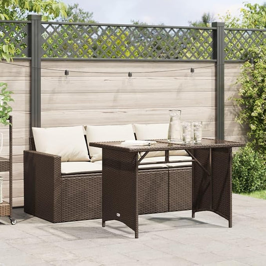 2 Piece Patio Dining Set with Cushions Brown Poly Rattan Outdoor Table and 3-Seater Sofa Set for Garden Backyard Patio, Tempered Glass Powder-Coated Steel Frame, Removable Washable Cushion Covers