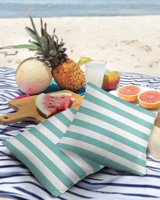 Outdoor Waterproof Pillow Covers for Patio Furniture Solid Striped Decorative Throw Pillow Cover Teal Blue Pillowcases Set of 2 Cushion Case for Sofa Couch Chair Home Decor 24 x 24 Inches