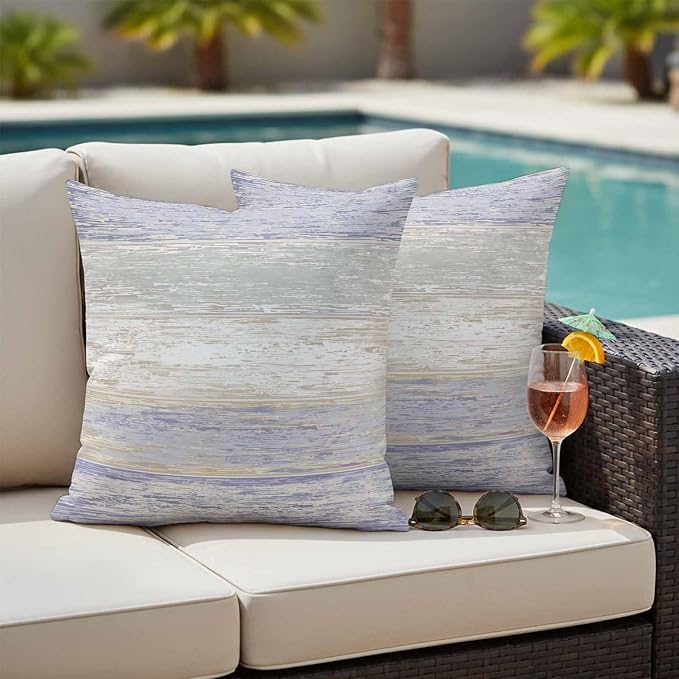Outdoor Waterproof Throw Pillow Covers, Vintage Purple Grey Decorative Pillow Cases, Farmhouse Barn Wooden Striped Couch Pillow Protector Patio Sofa Cushion Covers Replacement 16"x16" 2 Pack
