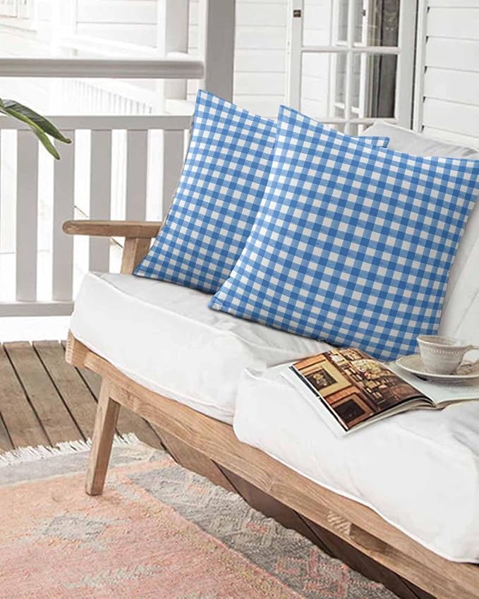 Outdoor Waterproof Throw Pillows Light Blue Gingham Check Patio Pillows Pack of 2,Decorative Pillow Covers with Insert,Pillow Cushion Case for Garden Couch Sofa Country Classic Plaid