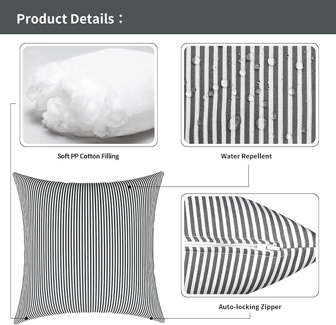 Outdoor Pillows for Patio Furniture 18x18 inch, Square Outdoor Throw Pillows with Inserts, Decorative Toss Pillows for Garden Couch Home Sofa Office Chair, Pack of 2, Stripe Gray