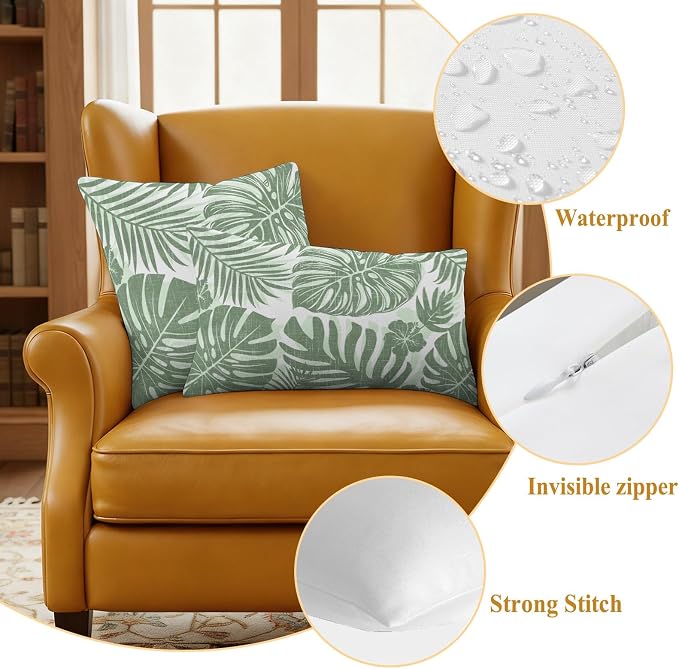 Green Palm Leaves Outdoor Pillow Covers 26"x26" Set of 2, Tropical Botanical Minimalist Modern Waterproof Throw Pillow Covers for Patio Furniture, Decorative Cushion Covers for Porch