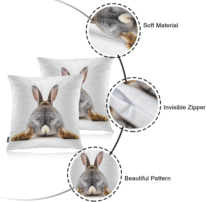 Swono Rabbit Square Pillow Covers Cushion Covers, Funny Bunny Tail 18 X 18 Inch Set of 2 Throw Pillow Cover Gray Rabbit Pillowcases Home Decorative for Couch Sofa Car Bedroom, No Insert