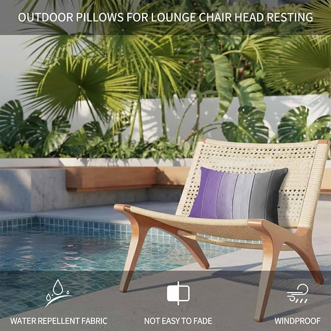 Purple Gray Ombre Outdoor Pillows for Chaise Lounge Chair Waterproof Lumbar Pillows with Insert&Strap Beach Headrest Pillow Vintage Country Wooden Recliner Neck Pillow for Patio Pool 11"x16"