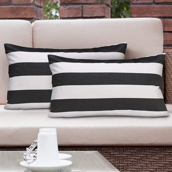 Lewondr 2 Pack Outdoor Throw Pillow Covers, 12"x20", Black Gray + White | Lumbar Rectangle Stripe, Waterproof, For Outdoor Patio Porch Farmhouse Garden Balcony Couch, 30x50cm