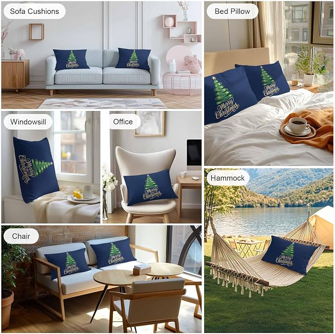 Navy Blue Christmas Tree Lumbar Pillow Covers 12 x 20 Inch, Green Xmas Tree with Star Waterproof Throw Pillow Cover Set of 2, Christmas Blue Decorative Rectangle Cushion Covers for Patio/Couch