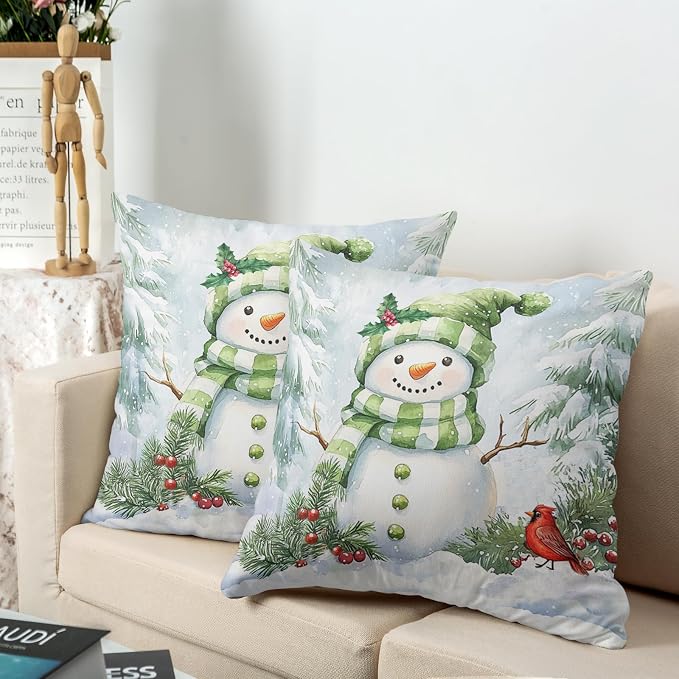 Set of 2 Winter Pillow Covers 16x16 Green Snowman Pine Tree Holly Berry Cardinal Bird Throw Pillow Covers Holiday Pillow Case for Home Decor Couch Sofa