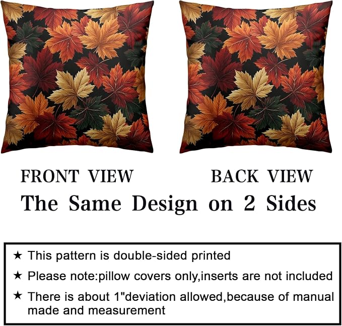 Autumn Leaf Pillow Covers Thanksgiving Outdoor Pillowcases Fall Maple Leaves Throw Pillow Covers 24x24 Harvest Farmhouse Cushion Cases for Home Living Room Sofa Couch 2 Pack
