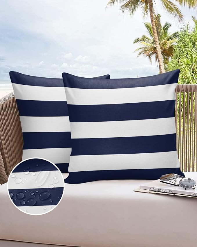 Outdoor Pillows Navy Blue White Stripes Waterproof Outdoor Pillow Covers Geometric Simple Summer Polyester Throw Pillow Covers Garden Cushion Decorative Case for Patio Couch Decoration Set of 2