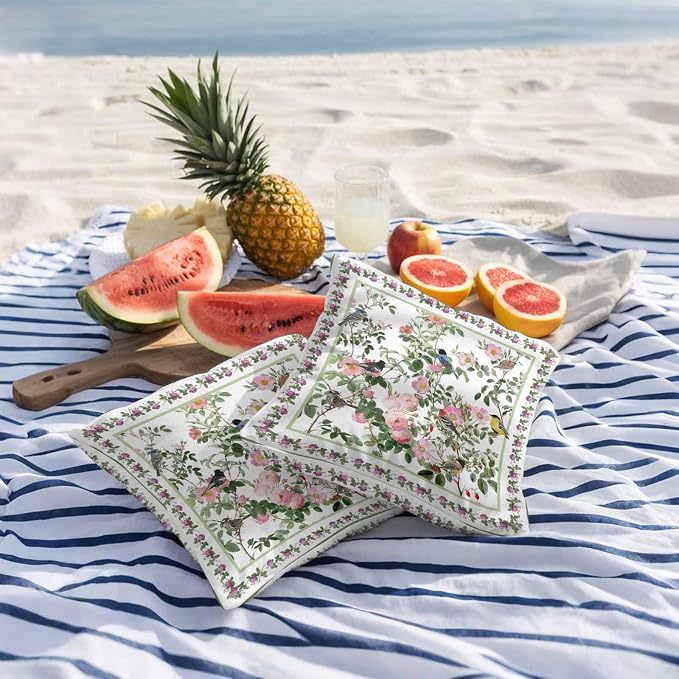Vandarllin Outdoor Throw Pillows Covers 18x18 inch Set of 2 Waterproof Pink Floral Bird Decorative Zippered Cushion Covers for Patio Furniture, Green Leaves Branches Lumbar Pillowcases