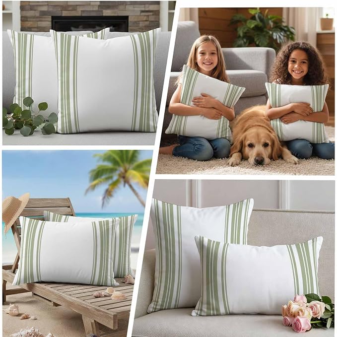 Outdoor Waterproof Throw Pillow Covers Set of 2 Sage Green Stripes Pillowcases 16x16 Inches White Vertical Striped Decorative Pillows Cushion Case Patio Pillows for Couch Bed Chair Garden