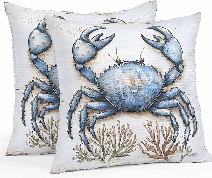 Blue Crab Coastal Outdoor Waterproof Pillow Covers, Nautical Summer Coral Ocean Beach Decorative Square Throw Pillowcase Sofa Cushion Sham for Patio/Couch/Chair, 26"x26" 2 Pack