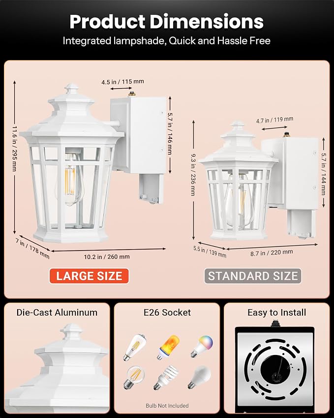 Gleamz Large Porch Lights Outdoor with GFCI Outlet, White Exterior Lighting Fixtures with Dusk to Dawn Sensor, Front Porch Light Wall Mount, Patio Wall Light Fixture for Garden Front Door Coach