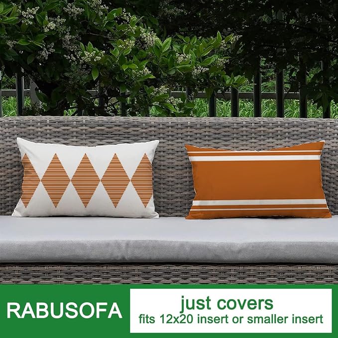 Outdoor Pillows Covers 12x20 Waterproof,Orange and Beige Set of 4(No Insert | for Covered Patio Furniture,No Insert Just Covers,Fit 12x20 inch Inserts or Smaller,Durable Polyester,Boho Lumbar