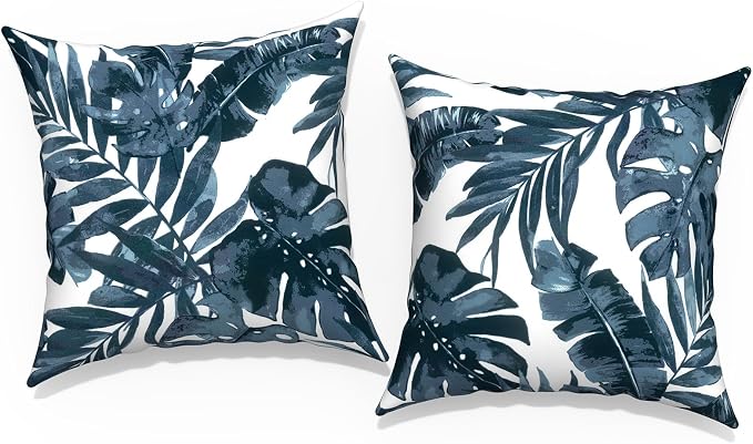 Outdoor Throw Pillow Covers 16x16 Inch, Square Patio Pillow Cases Pack of 2, Modern Decorative Back Cushion Covers for Patio Furniture Garden Couch Farmhouse, Palm Blue