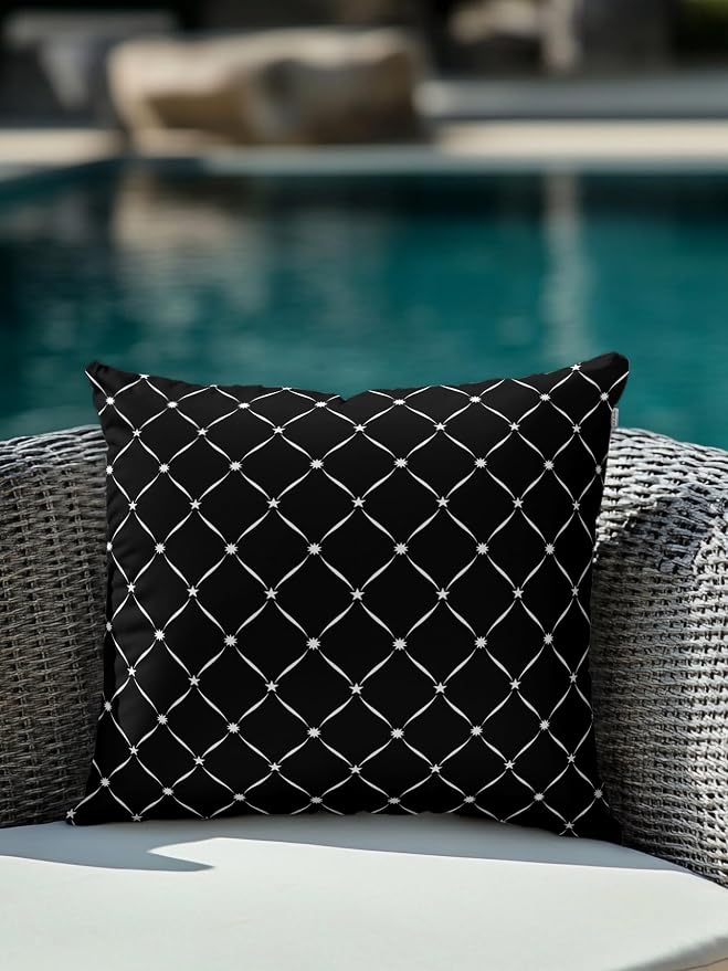Waterproof Outdoor Pillow 1 Pack Black Grid Plaid Decorative Throw Pillows Cover & Insert 18x18 Inch Pillowcase Diagonally Crossed Lines Pillows for Couch Sofa Bed Patio Furniture Indoor Outdoor