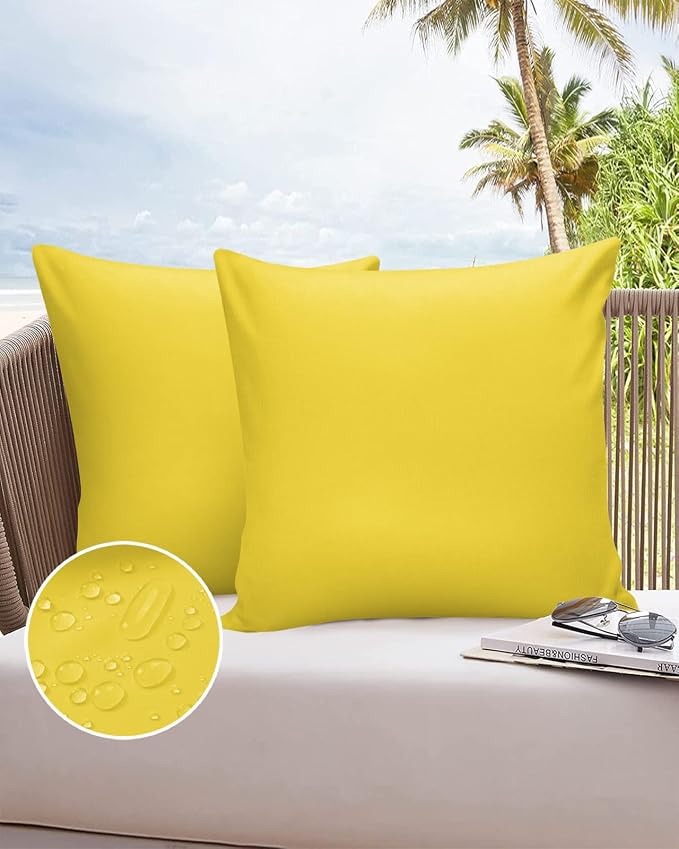 Outdoor Waterproof Pillow Covers for Patio Furniture Bright Yellow Decorative Throw Pillow Cover Solid Color Pillowcases Set of 2 Cushion Case for Sofa Couch Chair Home Decor 16x16 inch x 2pcs