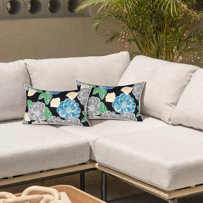 LVTXIII 2 Pack Outdoor Lumbar Pillows 12x20 Inch with White Piping, Fade Resistant Support Throw Pillows with Inserts for Patio Furniture, Sofa, Chair, Sketch Peony