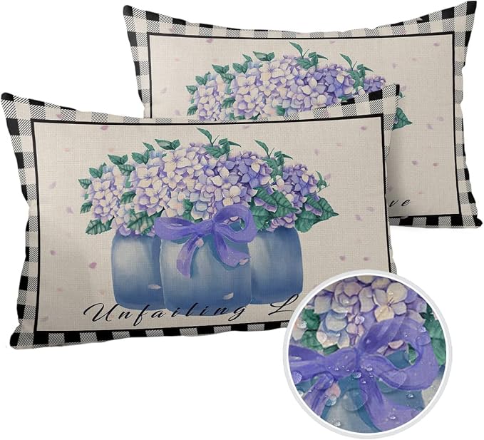 Hydrangea Outdoor Pillow Shams Set of 2, Decorative Pillowcases Cushion Case, Soft Throw Pillow Covers Waterproof Pillow Case 20x12 Inch, Purple Flowers in Jar Black Plaid Unfailing Love