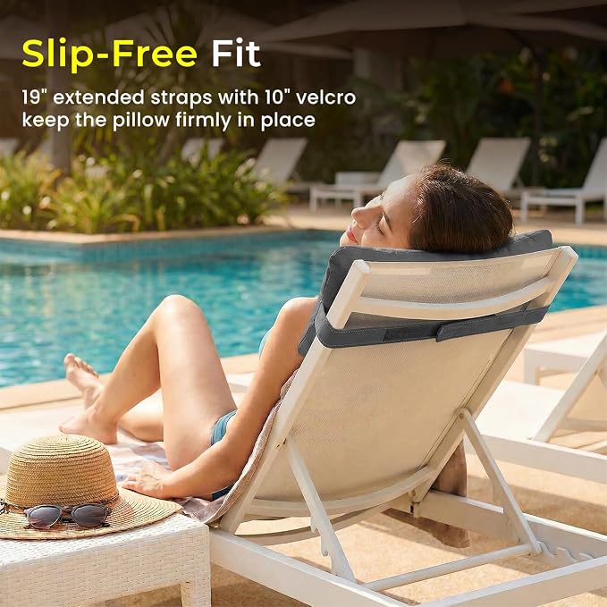 Sunbrella Headrest/Lumbar Pillow with Velcro Strap for Lounge, Charcoal | Outdoor Pillow for Chaise Loungers, Pool Chairs & Patio Furniture, 18" x 8" x 3"