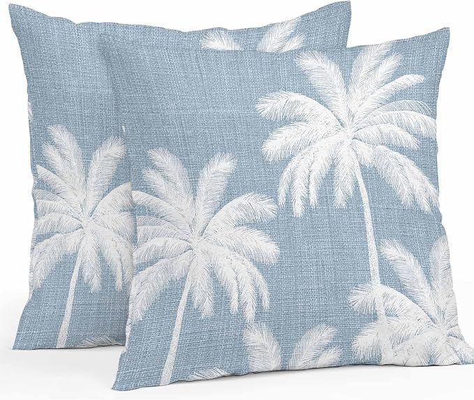 Outdoor Pillow Covers 26x26 Inch Set of 2, Light Blue Palm Trees Waterproof Throw Pillow Covers, Farmhouse Tropical Summer Beach Decorative Cushion Pillowcases for Couch, Sofa, Bed, Garden, Patio