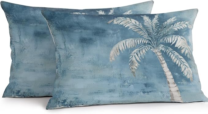 Coastal Beach Tree Blue Grey Outdoor Waterproof Pillow Covers, Vintage Summer Palm Tropical Botanical Decorative Rectangle Throw Pillowcase Sofa Cushion Sham for Patio/Couch/Chair, 20"x12" 2 Pack