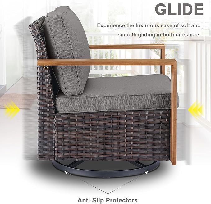 Belord Modern Outdoor Patio Furniture 7 - Person Outdoor Swivel Glider Seating Group, Backyard Wicker Furniture Set with Aluminum Armrests, Brown Wicker Grey Cushion