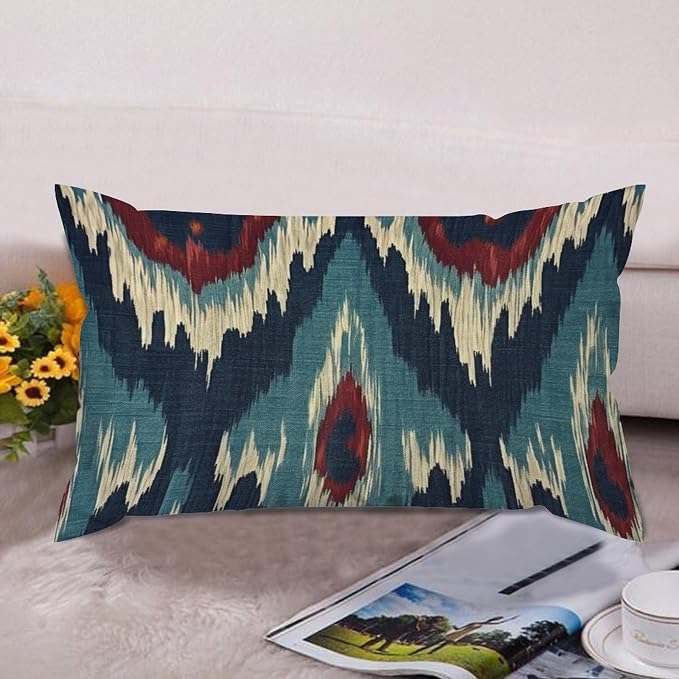 Zipped Pillow Cases for Home Decor Blue Green Red Cream Ikat Pattern Throw Pillow Cover Set of 2 Farmhouse Cushion Cover Cases for Living Room Club Home Decor 12x20in