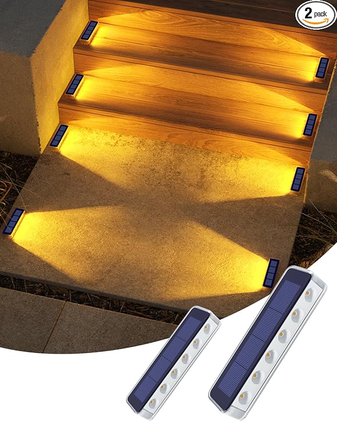 DetarZinLED Solar Step Lights for Outside, 2 Pack Solar Stair Lights, Warm White Outdoor Deck Light Waterproof, Outdoor Light Solar Powered for Deck, Dock, Pathway, Porch, Path, Ground, Backyard