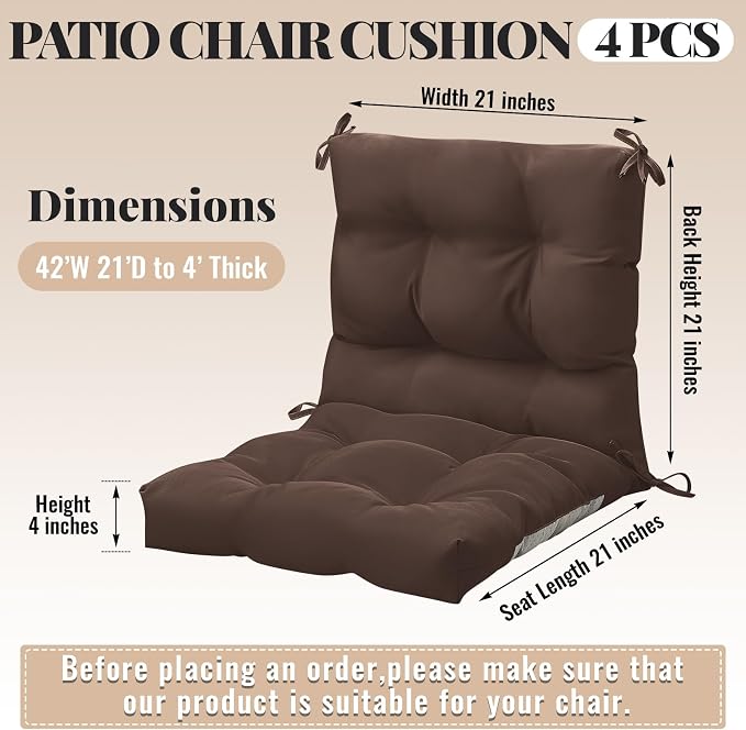 Marsui 4 Pcs Outdoor Indoor High Back Chair Cushions Patio Furniture Tufted Pillow with Ties Water-Resistant Replacement Outdoor Rocking Chair Cushions, 42 x 21 Inches (Brown,Solid Color)