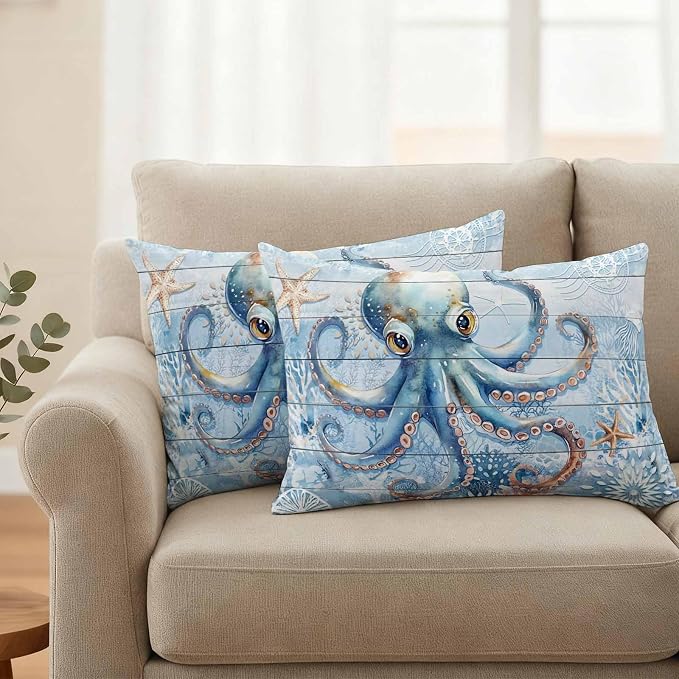 Coastal Octopus Waterproof Outdoor Pillow Covers Set of 2 Home Decor, Nautical Sea Starfish Coral Wooden Grain Pillowcase Patio Pillow Covers for Couch Bench Furniture Garden 20x12in