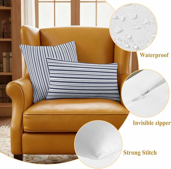 Navy Blue Vertical Stripes Waterproof Outdoor Pillow Covers Set of 2 Home Decor, Pinstripes Apricot Lines Pillowcase Patio Pillow Covers for Couch Bench Patio Furniture Garden 26x26in
