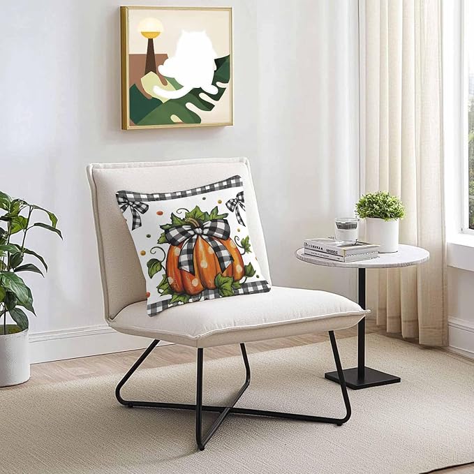Orange Pumpkins Outdoor Waterproof Pillow Covers, Polka Dot Bow Fall Maple Leaves Plaid Decorative Square Throw Pillowcase Sofa Cushion Sham for Patio/Couch/Chair, 16"x16" 2 Pack