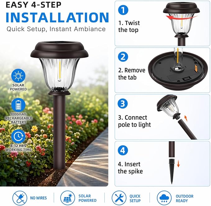 Solar Lights Outdoor, 6 Pack Metal Solar Pathway Lights, Heavy Duty Stainless Steel & Glass, Auto On/Off Waterproof Garden Lights for Driveway Landscape Walkway Yard Outdoor Decor (Warm White) | Waterproof Heavy Duty Stainless Steel Glass Auto On/Off L...