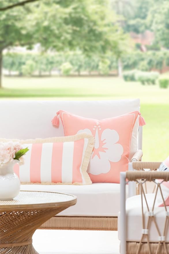 Hofdeco Premium Coastal Patio Indoor Outdoor Long Lumbar Pillow Cover Only, 12"x26" Water Repellent for Backyard, Couch, Blush Pink Stripes with Fringe