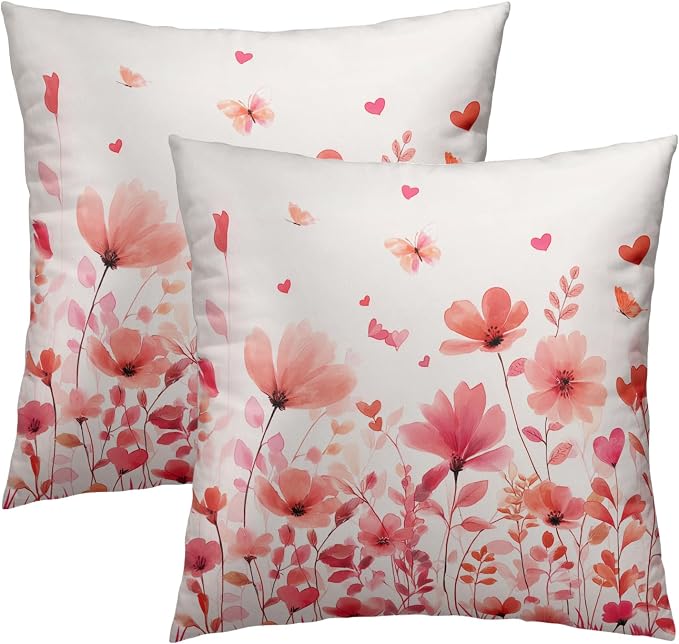 Floral Throw Pillow Covers 20x20 Inch – Pack of 2 Pink Flowers Leaves and Butterfly Pattern Spring Cotton Pillowcases for Couch Sofa Chair Bed Porch Wedding Party Home Decor