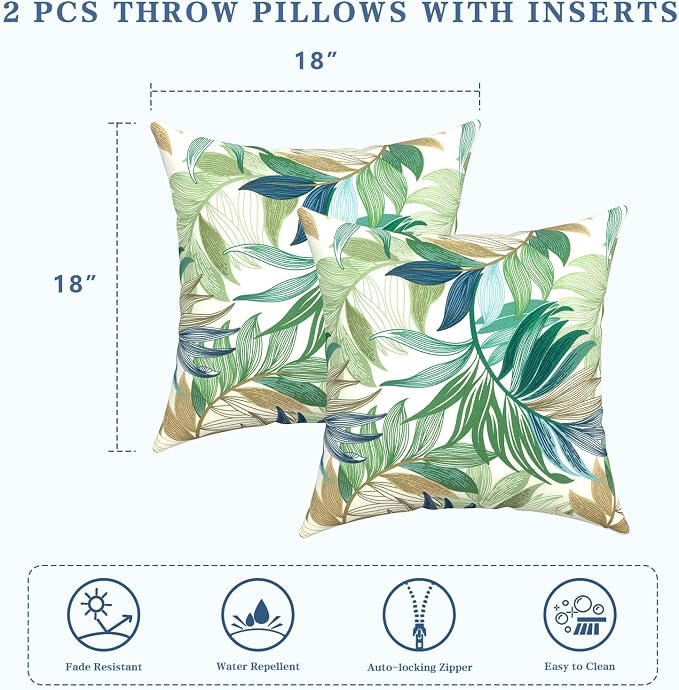 LVTXIII Outdoor/Indoor Throw Pillows, Decorative Throw Pillows with Inserts, 18"x18" Square Pillows for Bed, Couch, Sofa and Patio Furniture, Set of 2, Lush Leaf Green