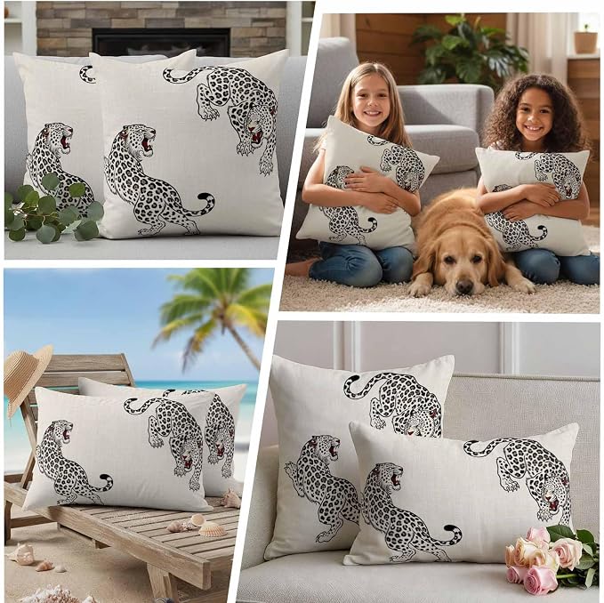 Yukro Beige Leopard Outdoor Waterproof Pillow Covers Pack of 2, Modern Style Wild Animal Rustic Linen Texture Throw Pillowcases Decorative Cushion Covers for Garden Patio Tent Sofa Couch, 18x18 inch