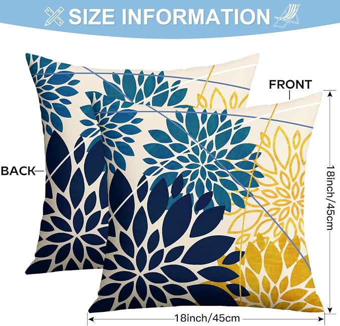 OTOSTAR Outdoor Dark Blue Cyan Yellow Pillow Covers 18x18 Inch Set of 2 Flower Throw Pillows Farmhouse Geometric Dahlia Floral Square Cushion Case Waterproof Decor for Sofa Patio Funiture Garden
