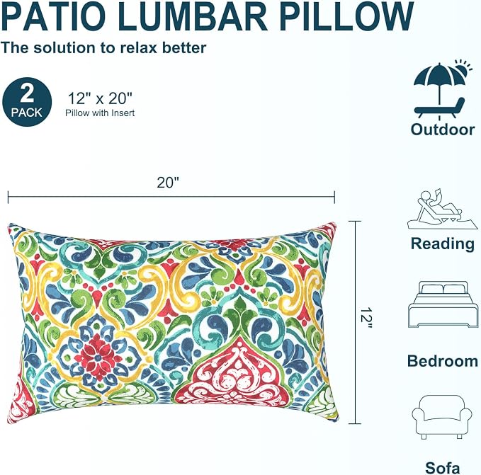 DYTXIII Pack of 2 Waterproof Outdoor Lumbar Pillow with Inserts, 12x20 in Rectangle Decorative Patio Throw Pillow for Home, Sofa,Bench and Patio Furniture, Damask Red