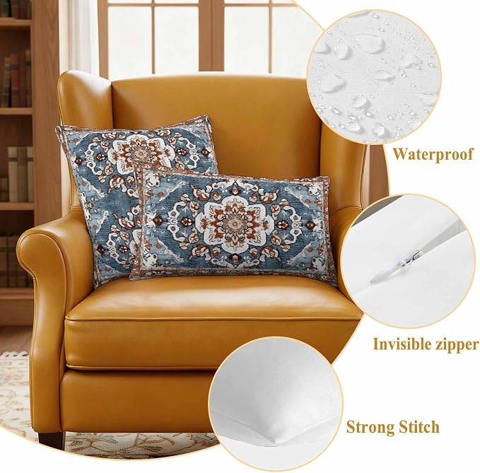 Blue Bohemian Waterproof Outdoor Pillow Covers Set of 2 Home Decor, Retro Pattern Oriental Farmhouse Ethnic Pillowcase Patio Pillow Covers for Couch Bench Furniture Garden 20x12in